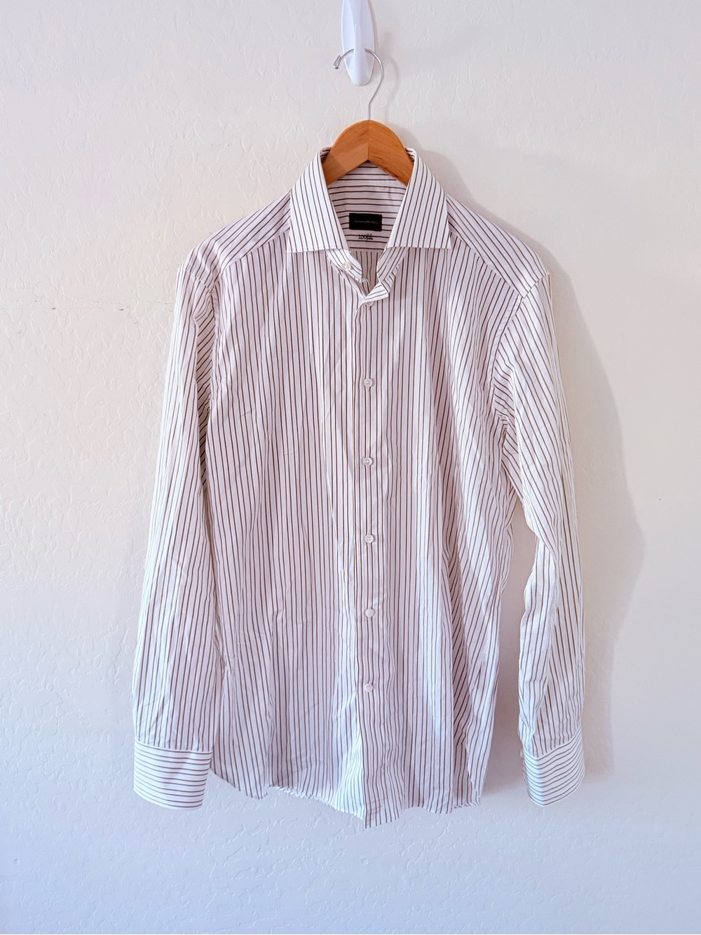 Ermenegildo Zegna 100 Fili White Brown Stripe Dress Shirt 39 15½ Regular Fit